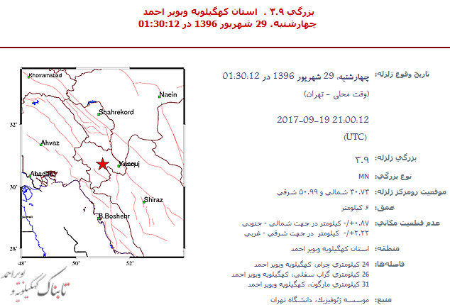 زمین لرزه های پی در پی در کهگیلویه و بویراحمد / شدیدترین زمین لرزه های دیشب در چرام