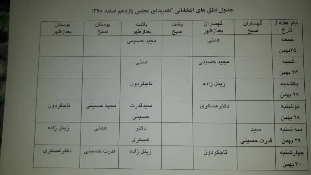 برنامه زمان بندی نطق انتخاباتی در گچساران و باشت اعلام شد