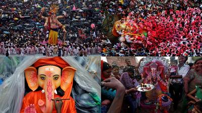 پیروان آئین بودا، در فستیوال گانش در هند، سنبل خدای موفقیت و کامیابی را در آب شستشو می دهند
