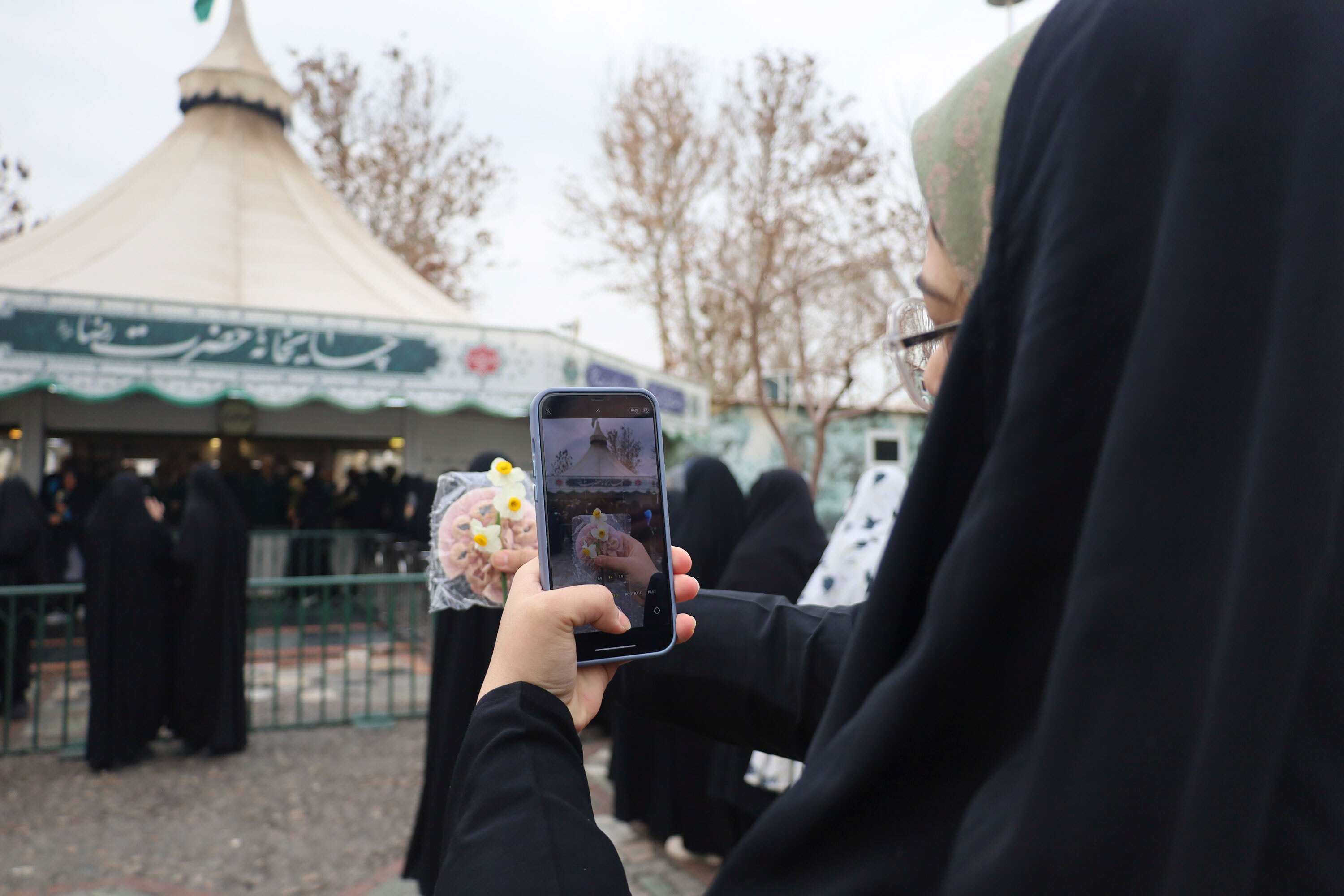 توزیع گل نرگس در چایخانه حرم مطهر رضوی